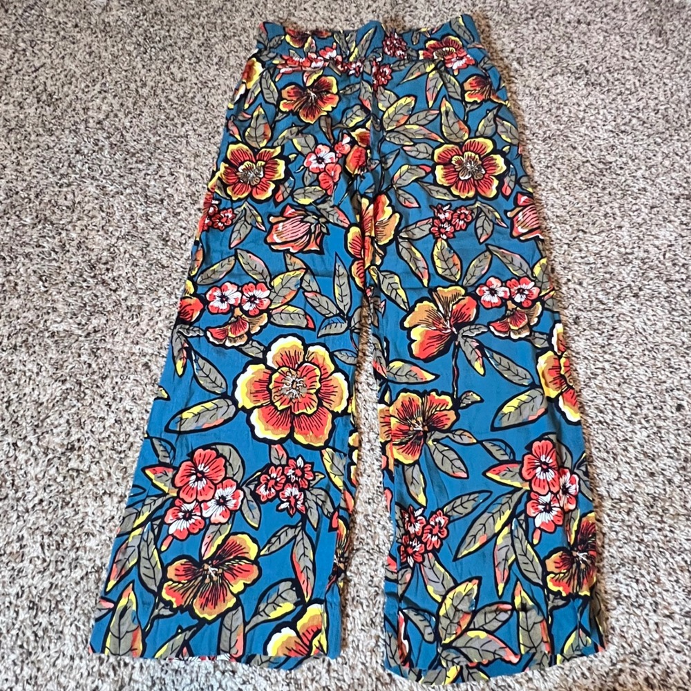 LOFT Petites Teal Blue Floral Wide Leg Cropped Pants 00P Rayon Tropical Summer‎